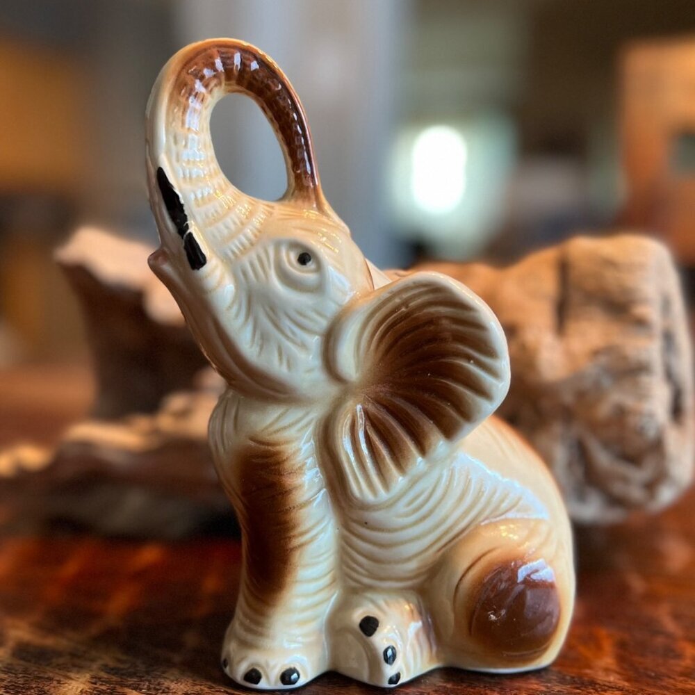 Vintage Ceramic Lusterware Elephant Figurine Brown & Cream